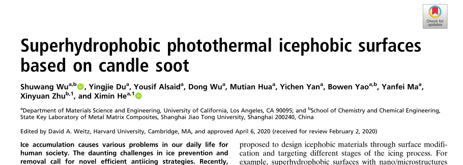 賀曦敏/朱新遠《PNAS》：蠟燭煙灰高效除冰法! 零下50°不結冰! 光熱去冰自清潔! 