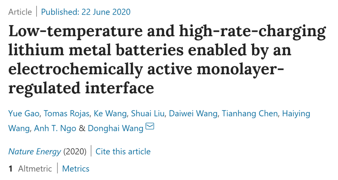 ?王東海團隊《Nat. Energy》:低溫下高倍率充電鋰金屬電池
