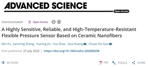 南方科技大學郭傳飛/趙悅《Adv.Sci.》：基于納米陶瓷纖維的耐高溫柔性壓力傳感器