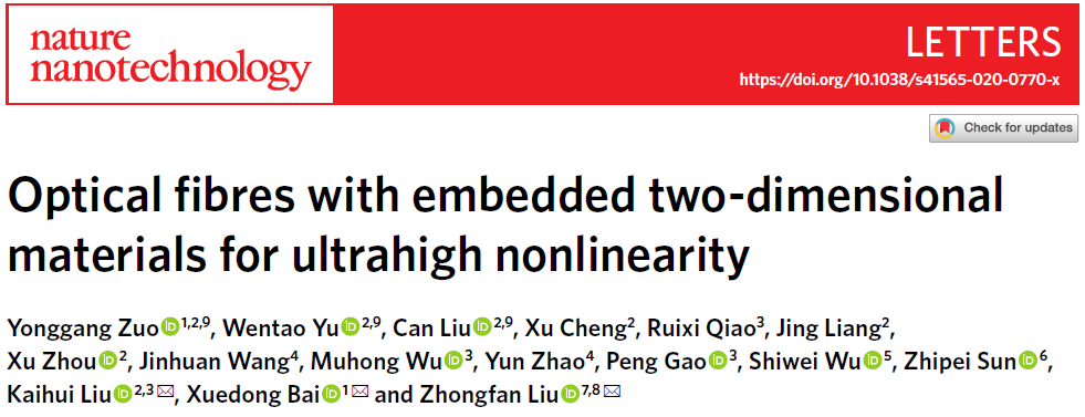 北京大學劉忠范院士/劉開輝教授等《自然·納米技術》：光纖內(nèi)二維材料的均勻生長實現(xiàn)超高非線性